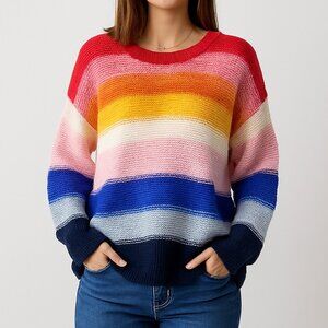Old Navy Womens L Rainbow Striped Sweater Multicolor Knit Colorful Preppy Casual